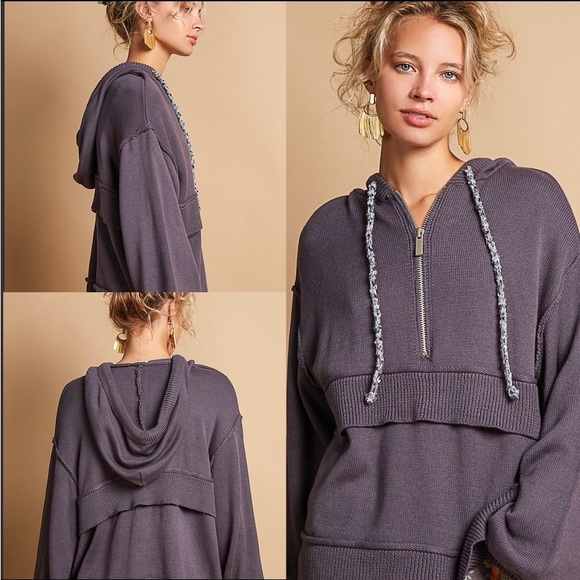 π POL Half Zip Hoodie - Relaxed Fit Pullover - Cotton Blend - Ghost Grey - Picture 8 of 11